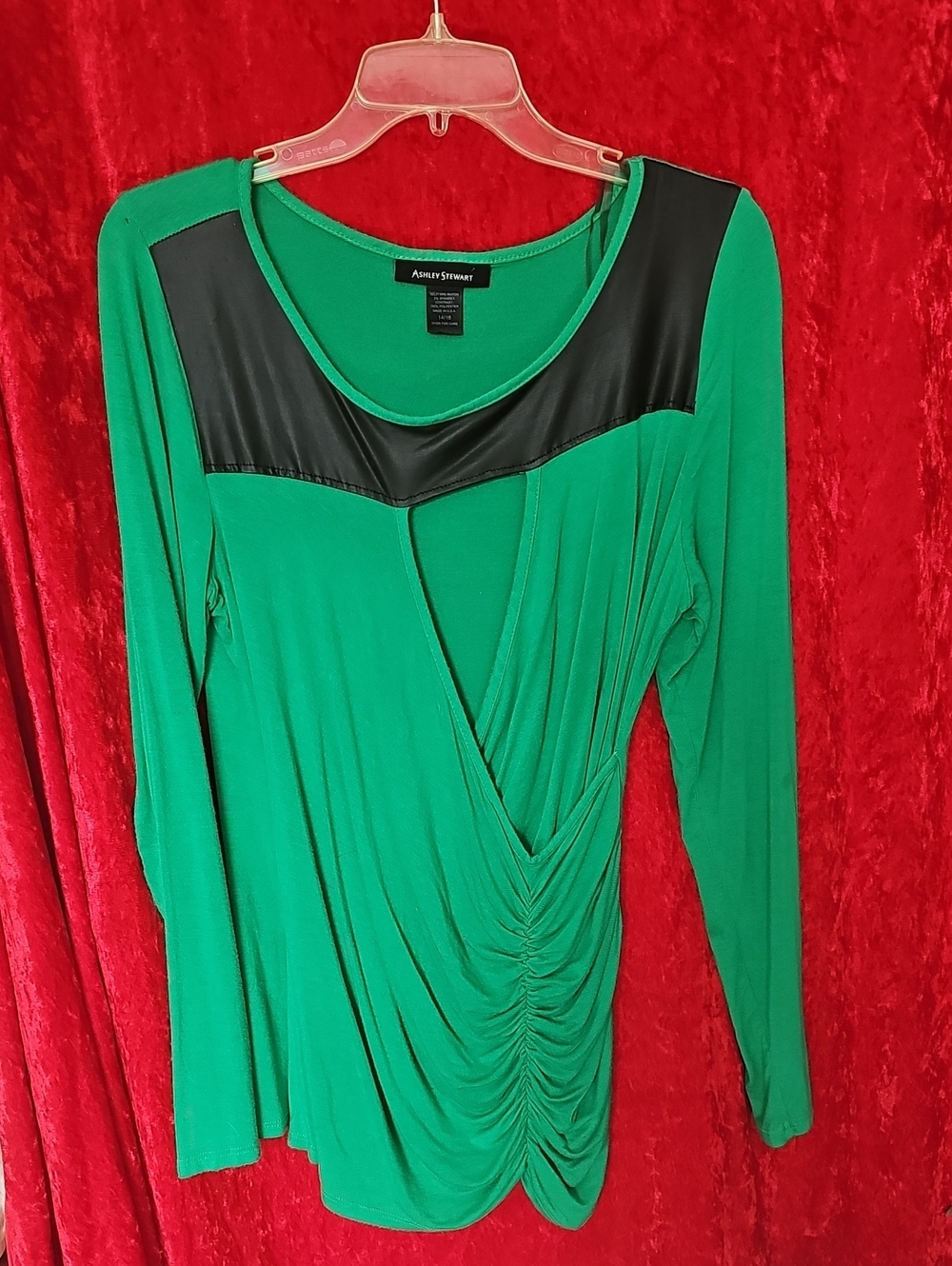 Ashley Stewart Emerald Green Long-Sleeve Faux Leather Yoke Draped Top